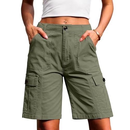 Eddoyee Bermuda Cargo Shorts for Women Casual Long Knee Length High Waisted Stretch Wide Leg Relaxed Fit B Army Green Medium
