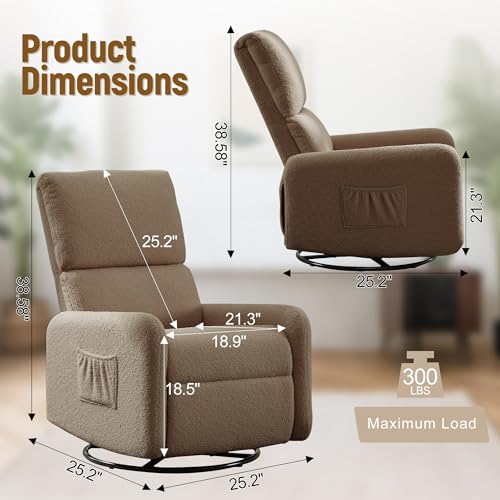 Image of Korser 360 Rocking Chair, Nursery Rocker Chair with Side Pockets, Glider Nursing Chair with Steel Structure Base, Small Chair for Small Spaces, Sherpa Swivel Accent Chairs for Living Room, Nursing