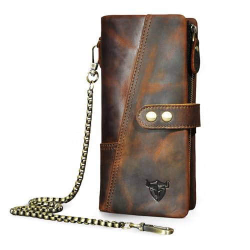 Image of Genuine Crazy Horse Leather Travel Gift Coin Pocket Card Case Long Organizer Chain Rfid Wallet Purse With Snap For Men Male 1803 1815 (1803 Brown)