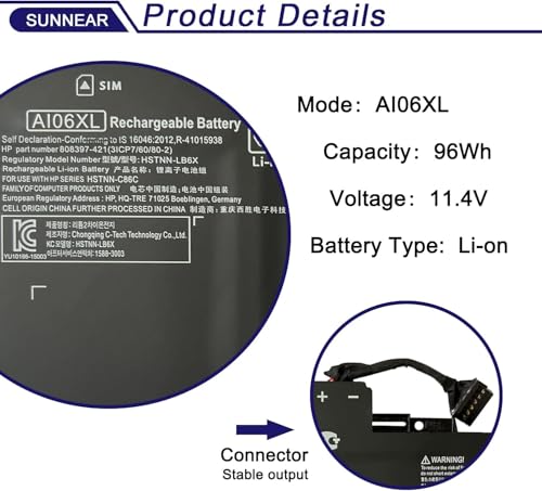 Image of 11.4V AI06XL Laptop Battery Compatible with HP ZBook 17 G3 Series Notebook HSTNN-LB6X HSTNN-C86C 808397-421 808451-001 808451-002 AIO6XL AI06096XL T7V67EA V1Q04UT 96Wh 8420mAh 6-Cell