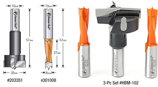 Amana Tool - HBM-102 3-Pc Hinge Boring 57 Long x 10mm Shank