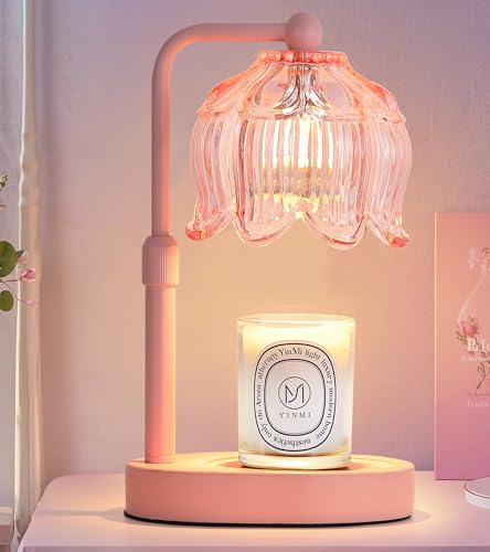 MEIXISUE Pink Flower Candle Warmer Lamp with Timer Dimmer Adjustable Height No Flame Wax Warmer for Jar Candles Ideal Gifts for Mom Women Housewarming New Home Bedroom Decor with 2 Bulbs