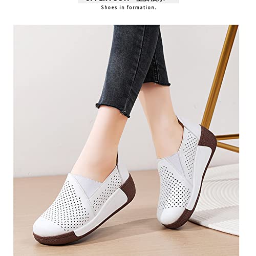 Image of Women's Round Toe Platform Wedge Slip On Loafers, Comfortable Genuine Leather Moccasin Low Top Casual Cutout Loafers.