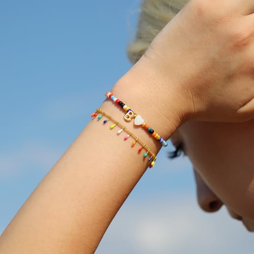 Image of Turandoss Colorful Beaded Initial Bracelets for Women, Trendy Boho Layered 14K-Gold-Plated Letter A-Z Bracelet Cute Summer Jewrly Birthday Christmas Gifts for Girls