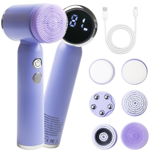 Brosse électrique 6 en 1 pour le visage avec rotation à 3 niveaux, étanche IPX6 et batterie pour exfolier les pores de la saleté obstruée de tout type de peau (violet)