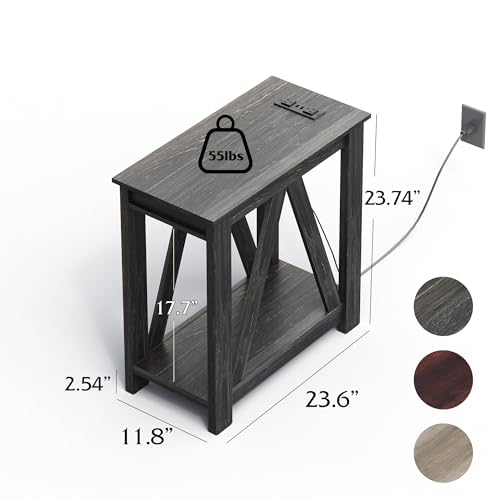 Image of WLIVE End Tables Living Room Set of 2 with Charging Station, Sofa Side Tables with Open Storage Shelf, Slim Farmhouse End Table Sets, Charcoal Black