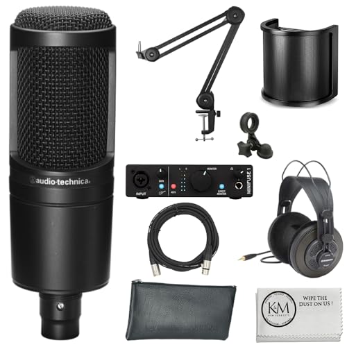Audio-Technica AT2020 Cardioid Condenser Microphone Bundle with Studio Headphones + XLR Cable + Pop Filter + Arturia MiniFuse 1 Audio Interface + Mic Arm + Cleaning Cloth (7 Items)