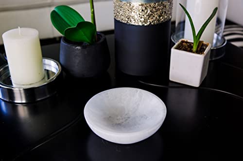 Puramento Selenite Round Crystal Bowl - Large Handmade Gem Bowl For Charging Crystals, Chakra Stones, Sage Smudging, Cleansing, Healing, Reiki, Wicca, Metaphysical And Meditation (5.5 Inch) #TOP4