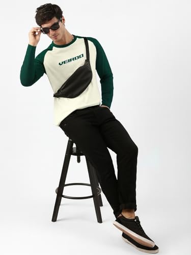 Image of Veirdo Pure Cotton Regular Fit Round Neck Front Chest Typographic Logo Printed Raglan Full Sleeve T-Shirt for Men (Colors: Green, Brown & Maroon)