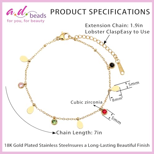 Image of 18K Gold Plated Stainless Steel Dainty Charms Colorful Crystal Birthstone Bracelet Minimalist Cute Jewelry for Women