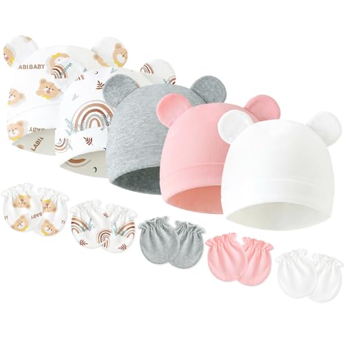 Image of Newborn Baby Hats and Mittens Set, Cotton Infant Baby Boy Girl Bear Ears Caps and Mittens for 0-3 Months
