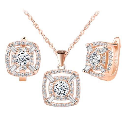 MicLee Collares colgantes y pendientes de circonitas de lujo para mujer: Juegos de joyas de plata 925 - Pendientes y collar de estilo cuadrado - Joyas de boda elegantes - Joyas de fiesta oro rosa
