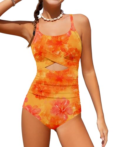 Image of Girl Swimsuit One Piece Cutout Ruched Bathing Suit for Girls Color Block Adjustable Straps Pad Swimwear 9-18y