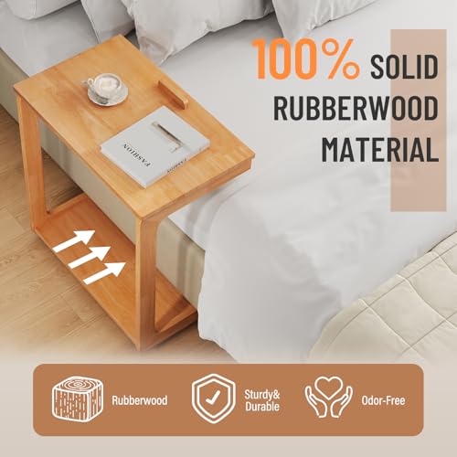 Image of Uniclinens Rolling Side Table Desk Sofa - C Shape Couch End Table with Wheels, Mobile Wooden Slim Sofa Tray, Movable Small Couch Desk for Living Room Bedroom, Cherry