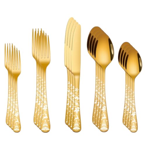 Image of Knife Forks and Spoons Cutlery Set, Stainless Steel Flatware Combo for Home Kitchen Restaurant, Mirror Polished Tableware, Best for Wedding Gift & Dishwasher Safe (20 Pieces, Color : Gold)