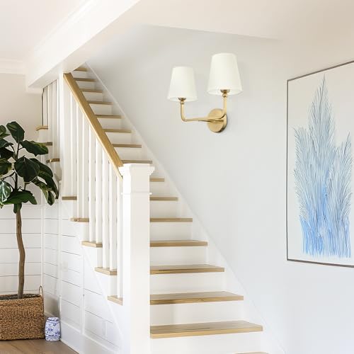 Image of 2 Light Bathroom Light Fixtures, Brushed Gold Vanity Lights, Double Wall Sconce with Beige Fabric Shade, Modern Sconces Wall Lighting for Hallway Bedroom Stairway, VL837-BG-B-2