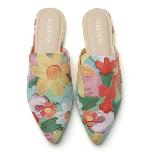 Image of Tilocow Women's Pointed Toe Flat Mules Backless Slip On Loafers