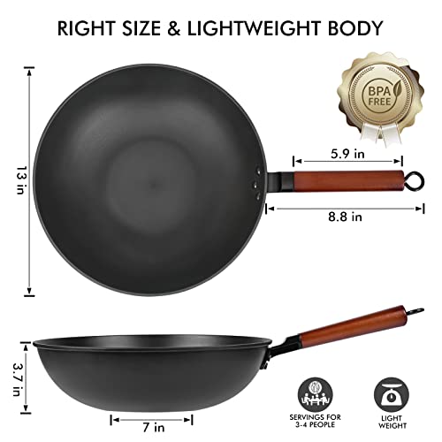 image for teewe Carbon Steel Wok Pan - 13” Wok Pan with Lid, Nonstick Woks and