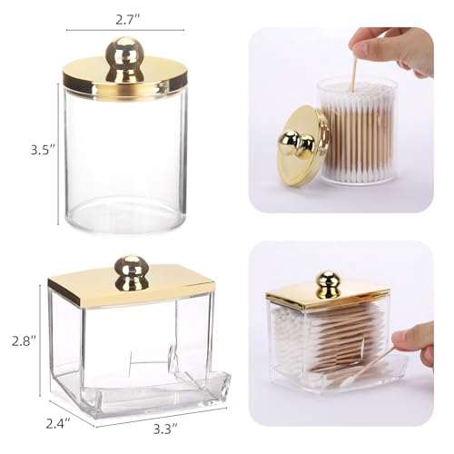 Image of Tbestmax 2 Pack Qtips Dispenser - Bathroom Organizers and Storage Containers, Plastic Apothecary Jars with Gold Lids for Cotton Ball Swab Round Pads, Floss