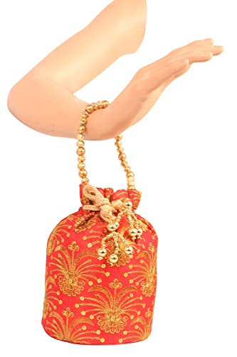Indtresor Beaded Handcrafted Embroidered Evening Purse Drawstring Handbag Vintage Party Wedding Gift For Women. Red Gold #TOP2