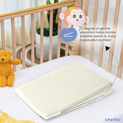 Image of Cherilo Standard Elevated Wedge Pillow for Baby Crib & Mattress, Helps to Elevate Baby for Acid Reflux, Colic, GERD, Heat Burn & Vomiting | 14 inch x 19 inch x 3.5 inch | - with Removable Velvet Cover - Cream