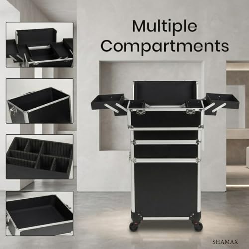 Image of SHAMAX Professional Rolling Makeup Case, Cosmetic Organizer Trolley, Manicure Storage Vanity with Locks for Hairdressers, Salons, Beauty Lovers - 360-Degree Universal Wheels (BS3 /Trolley)