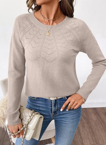 SHEWIN Sweaters for Women Crochet Long Sleeve Crew Neck Sweater Lightweight Shirts Tops Fall Fashion 20252