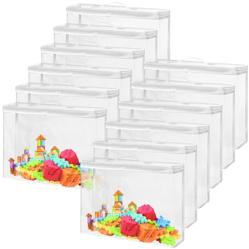 AKOLAFE 12 Pack Toy Storage Bags Clear 40x10x30 cm PVC Lego Storage Bags with Handle Toy Organiser for Building Blocks Puzzles Lego Toys