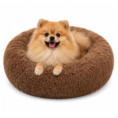Image of Premium Small Dog & Cat Bed, Calming Plush Round Pet Bed with Raised Rim, Anti-Slip Base & Washable Design (Brown)