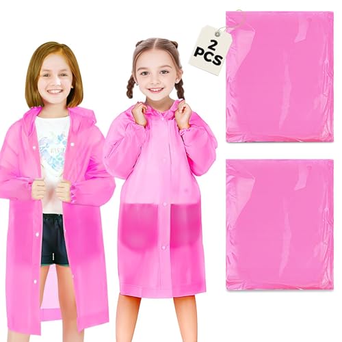 Image of BFONS Rain Ponchos for Kids, Reusable Raincoats for Boys Girls with Hood and Sleeves, Waterproof Rain Jackets for Travel Outdoor Pink 2PCS
