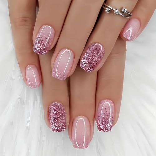 24 Pcs Press on Nails Short Square - ZIFANHU Pink Ombre Fake Nails Press ons Nail Art Tips Full Cover Acrylic Glitter False Nails with Glossy Design Glue on Nails Stick on Nails Kit for Women