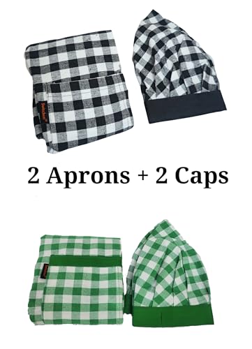Image of Switchon Checkered Cotton Kitchen Cooking Apron with Chef Hat - Pack of 2 | Multi-Purpose Chef & Waiter Apron for Men & Women | Home, Hotels, Restaurants & Cafes | Proudly Made in India