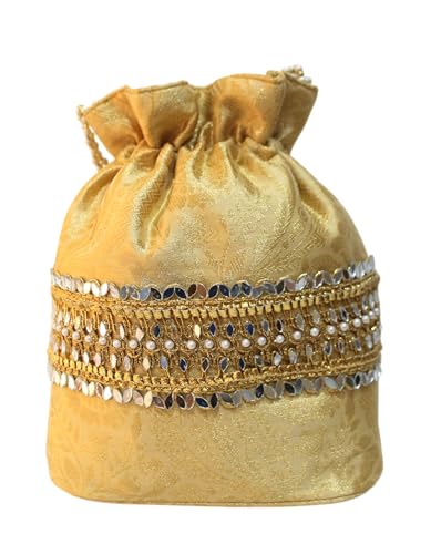 Image of MILAN'S CREATION Banarasi Silk Brocade Potli Bag Purse With Base Drawstring Women's handbag with Pearl Handle & Tassel Weddings