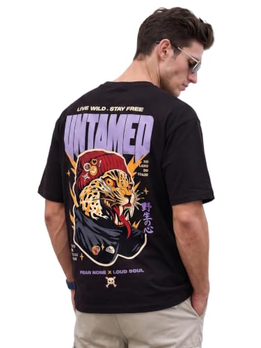 Image of Veirdo Men Bold Front & Back Printed Oversized Fit T-Shirt for Men, Cotton Fabric, Drop-Shoulder Streetwear Casual Graphic Tee, Stylish & Comfortable (OS VD UNTM BRN S)