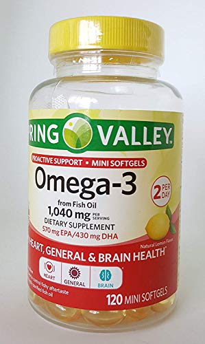 Spring Valley Omega-3 from Fish Oil, 1040mg Dietary Supplement 570mg EPA/430mg DHA, 120mini softgels, 2 per Day
