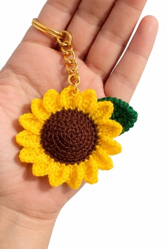 Image of Handmade Crochet Sunflower Keychain for Women & Girls, Cute Yellow Flower Key Ring Charm, Soft Yarn Knitted Gift, Bag Charm, Car Key Holder, Aesthetic Handmade Floral Accessory