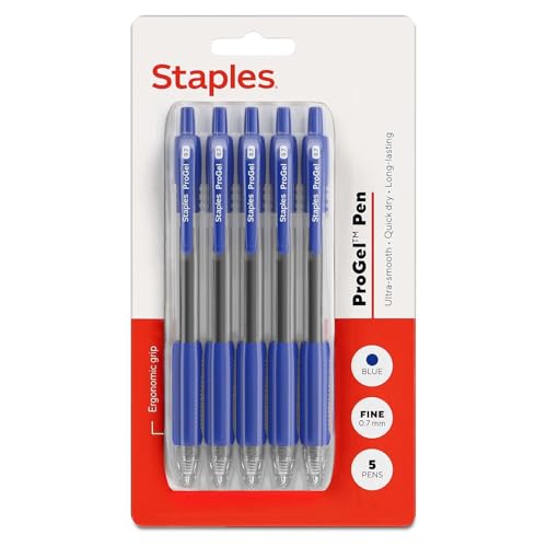 Image of STAPLES Retractable Gel Pens, Fine Point 0.7mm, Blue Ink, 5 Pack - ProGel Quick‑Dry Pens for Notes & Everyday Writing