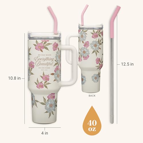 Image of Christian Art Gifts Extra Large Double-Wall Stainless Steel Insulated Women's Travel Mug Tumbler: Everything Beautiful Inspirational Scripture, Reusable Straw, Twist Dial Lid, White /Pink Floral, 40 oz