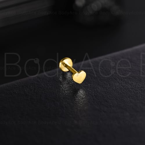 Bodyace Gold F136 Titanium Body Piercing Studs, Internally Threaded Flat Back Cartilage Earring Studs With Piercing Taper, 16G Labret Lip Ring Conch Tragus Stud [Gold Heart] thumb #2