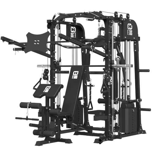 smithmachine with Weight Bench Combo, Home Gym with Dual Weight Stacks, 4000LBS Power Cage Squat Rack with Lever Arm, Leg Press, LAT Pull Down, Cable Crossover Machine for Full Body Training, Black
