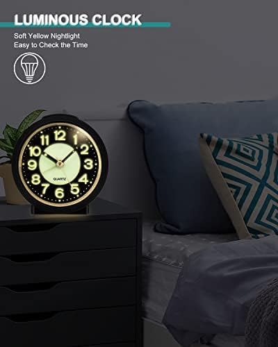 FIOLOM Silent Alarm Clocks Bedside Non Ticking Battery Powered Simple Luminous Analogue Alarm Clock Glow in the Dark Desk Clock with Light Snooze Quiet Bedroom Clocks for Heavy Sleepers Office Table