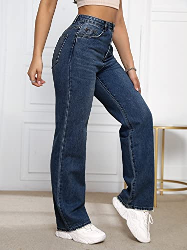 SweatyRocks Women's Casual High Waist Zip Up Mom Jeans Solid Straight Leg Denim Pants4