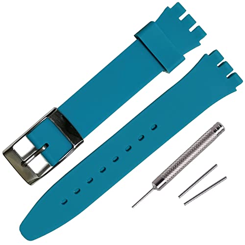 Image of Rihahisy Silicone Rubber Watch Strap/Watch Band Replacement with Stainless steel silver buckle for Swatch (17mm, Turquoise)