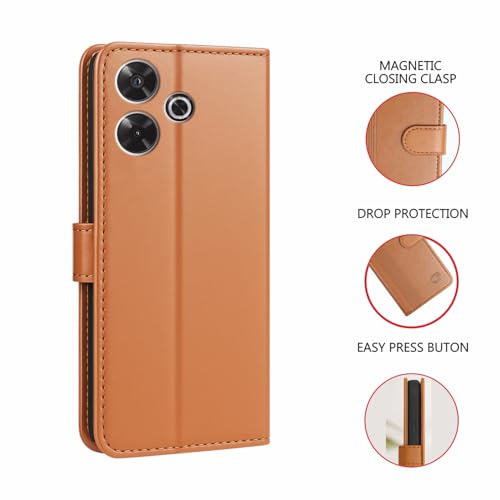 Image of AIBEX Shock Proof Flip Compatible for Poco M6 Plus 5G / Redmi 13 5G Flip Cover Leather Finish | Inside TPU with Card Pockets | Wallet Stand | Complete Protection Flip Case Brown