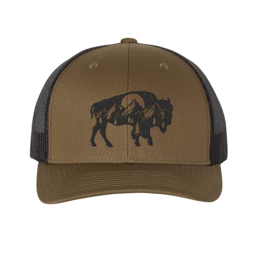 Black Lantern Buffalo Trucker Hat for Men & Women Embroidered Bison Landscape Mesh Back Outdoor Snapback Cap