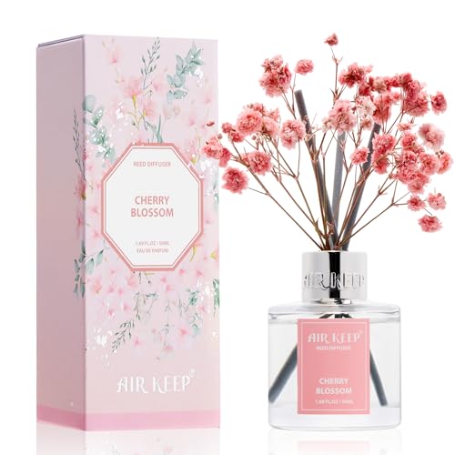Image of Airkeep Reed Diffuser Set,1.69 fl oz (50 ml) - Cherry Blossom Oil Diffusers with 8 Reed Sticks,Home Fragrance Reed Diffuser for Bathroom Shelf Decor