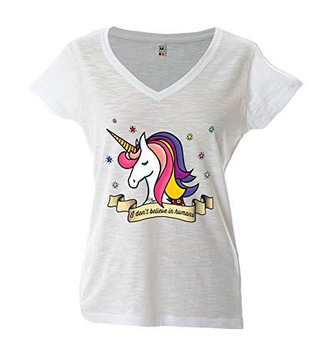 T-shirt fiammata blanche pour femme avec motif licorne I Don't Believe