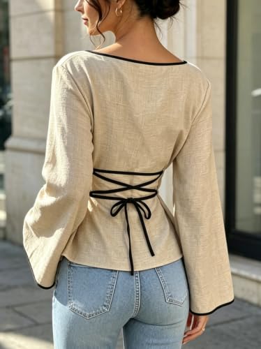 imbpceu Womens Bell Sleeve Tops Boat Neck Cinched Waist Going Out Shirts - image 6