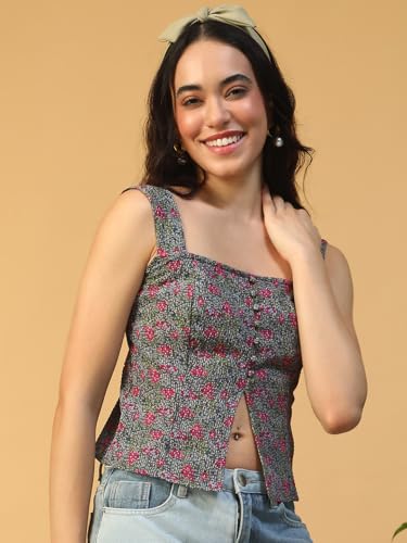 Image of oxolloxo Women Printed Top with Square Neck, Smocked Back, Shoulder Straps, Button Fly and Front Slit in Soft Poly Seersucker Dobby Fabric