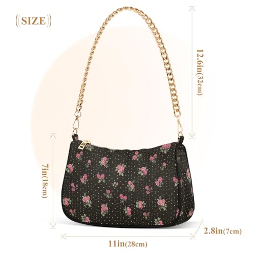 Clutch Shoulder Bags Tote Evening Purse Handbags for Women Rose Dots Floral Black Hobo Bags with Zipper Closure3
